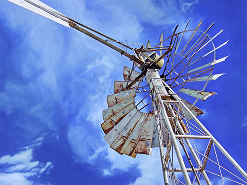 painting of a windmill in the Southwest by Francisco Rodriguez