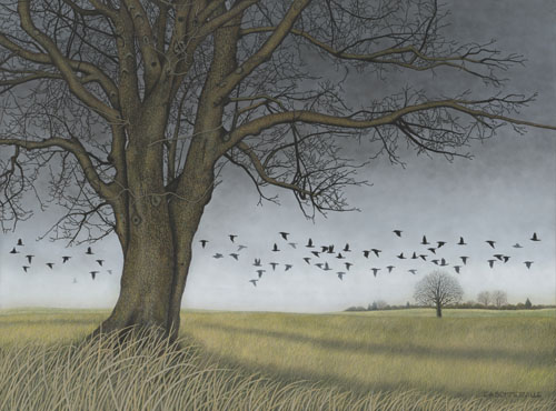 egg tempura painting of birds in flight over a field by Elisabeth Sommerville