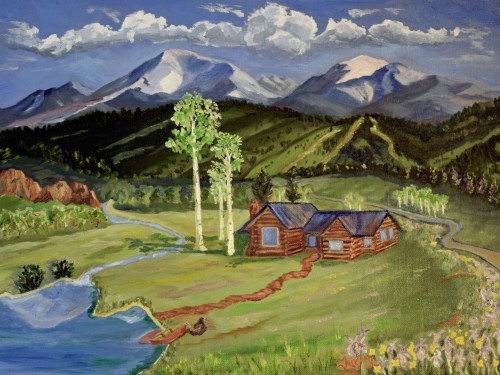 painting of a cabin on a mountain lake by Jack McGowan