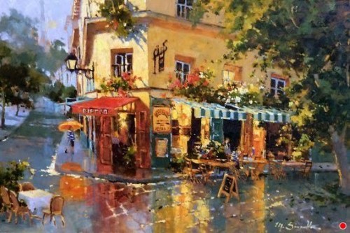 painting of reflections on a cobble-stone street by Marilyn Simandle