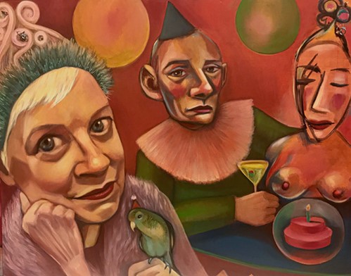 painting of people having cocktails by Christie Mellor