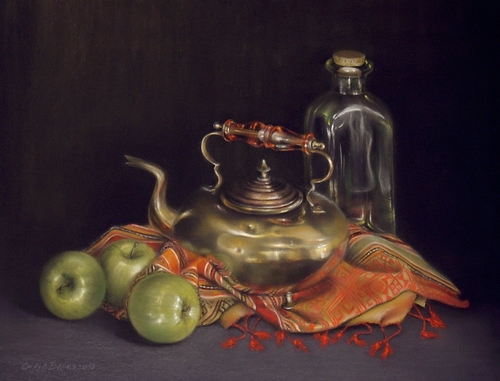 pastel of a copper teapot and apples by Christine Broersen