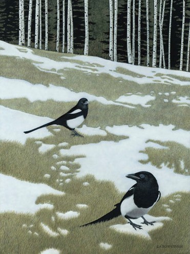 egg tempura painting of magpies in a snowy field by Elisabeth Sommerville