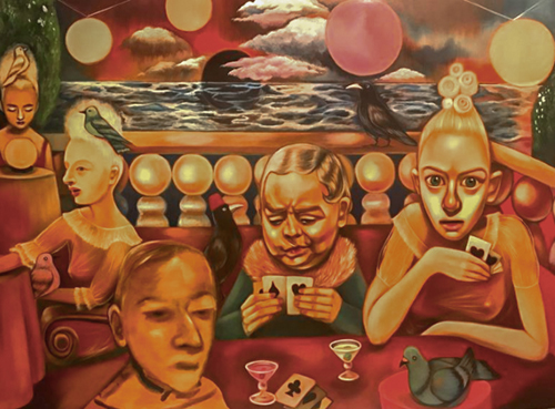 painting of people playing cards by Christie Mellor