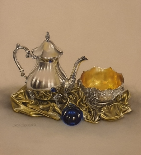 pastel of a silver teapot and bowl on a gold tray by Christine Broersen
