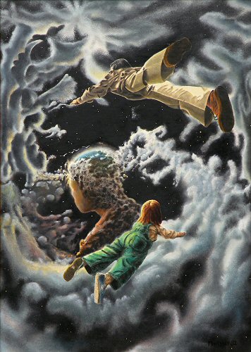 surrealistic painting featuring people floating in space by Dave Martsolf