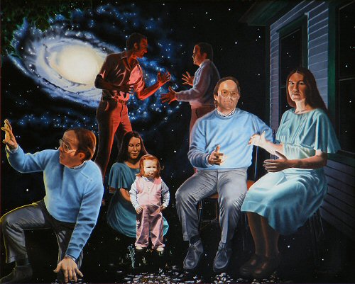 surrealistic painting of people with Ursa Major in sky behind them by Dave Martsolf