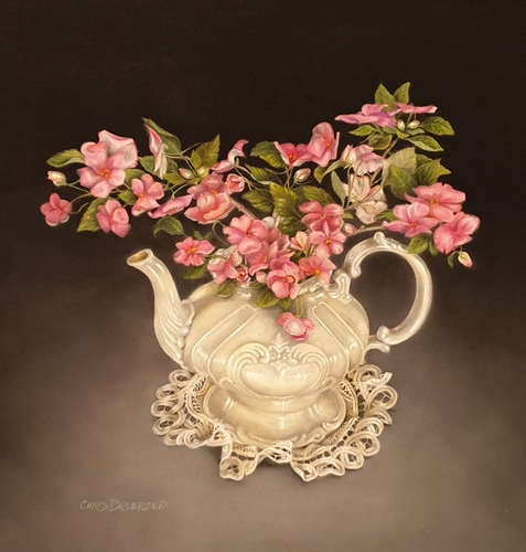 pastel of pink impatiens in a teapot by Christine Broersen