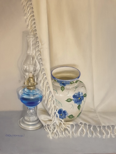 pastel of glass oil lantern with a blue and white vase by Christine Broersen