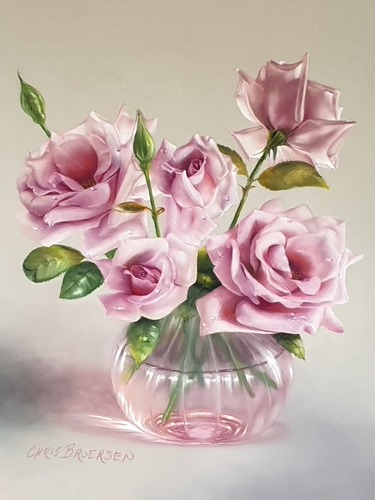 pastel of pink roses in a glass vase by Christine Broersen