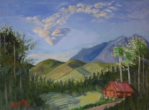 painting of a cabin in the mountains by Jack McGowan