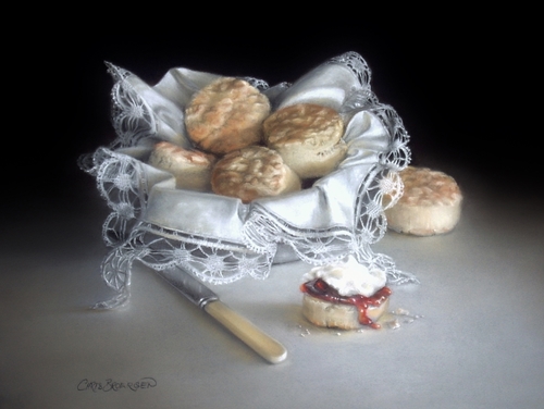 pastel of a basket of scones by Christine Broersen
