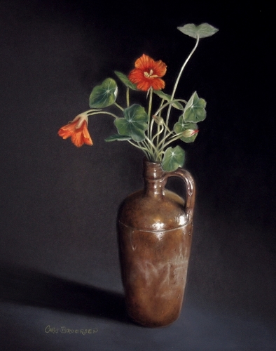 pastel of red nasturtiums in a vase by Christine Broersen