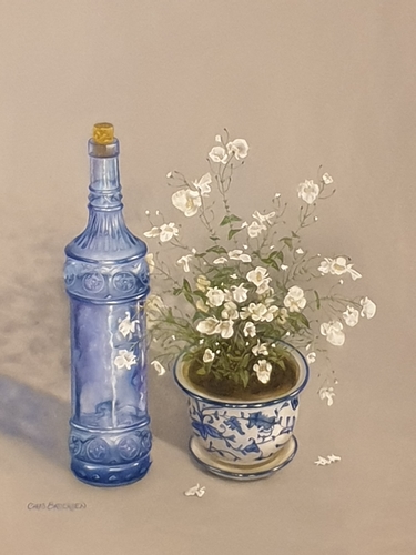 pastel of a blue bottle and white flowers in a pot by Christine Broersen