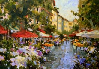 painting of a flower market in Paris by Marilyn Simandle