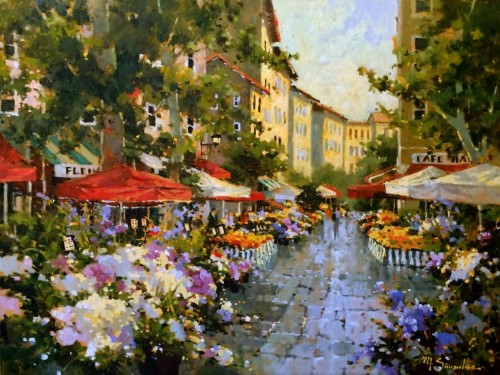 painting of a flower market in Paris by Marilyn Simandle