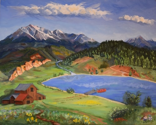 painting of a mountain lake with a red boat and cabin by Jack McGowan