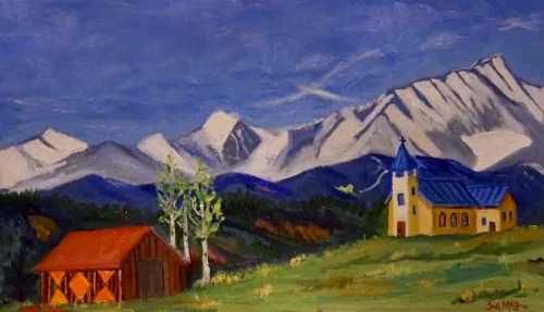 painting of a house and church in a mountain valley by Jack McGowan