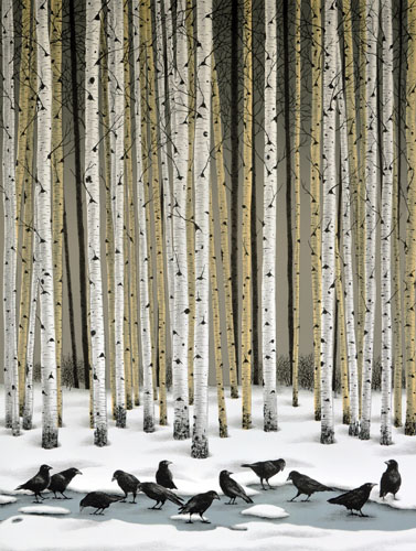 lithograph of crows on a frozen pond in the forest by Elisabeth Sommerville