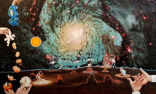 allegorical surrealistic painting featuring figures and a star nebula by Dave Martsolf