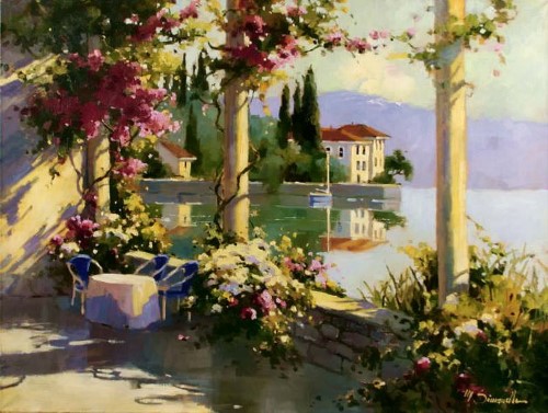 painting of Lake Como from a verana by Marilyn Simandle