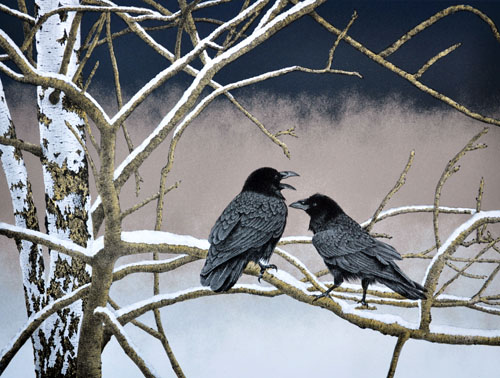 lithograph of two crows in a tree by Elisabeth Sommerville