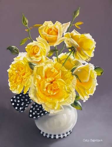 pastel of yellow roses in a vase by Christine Broersen