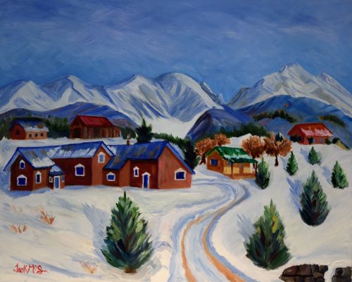 painting of a village in the snow by Jack McGowan