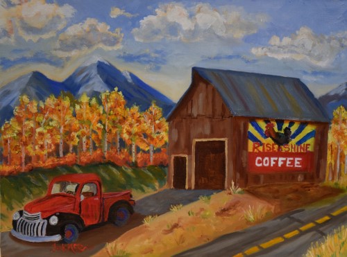 painting of a truck in front of a coffee shop in cuchara, colorado by Jack McGowan