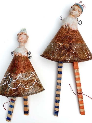 abstract mixed media sculpture figures in dresses by L. Balombini/Red Paint Studio