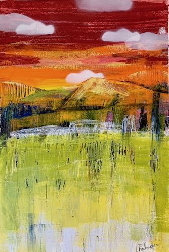 mixed media landscape of a red sky by L. Balombini/Red Paint Studio