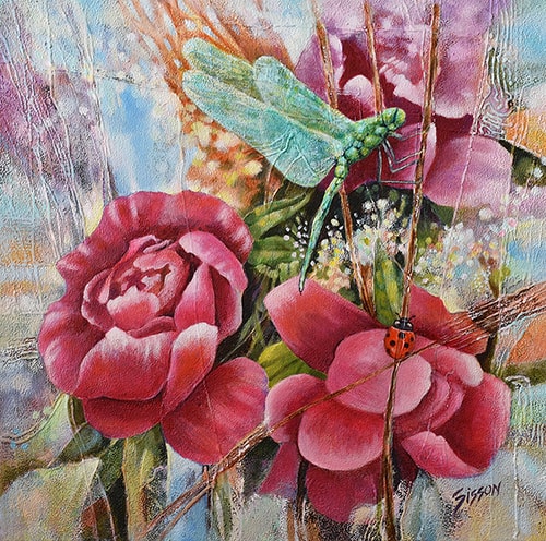 oil painting of a dragonfly on roses by Stan Sisson