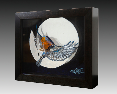 layered glass sculpture with a blue bird and the moon by Michael Frank Peterson