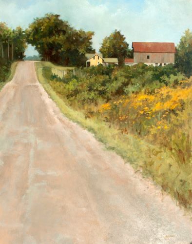 landscape painting of a yellow house at the top of a lane by Denise Antaya