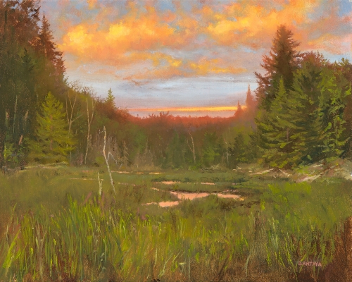 landscape painting of a meadow in a forest by Denise Antaya