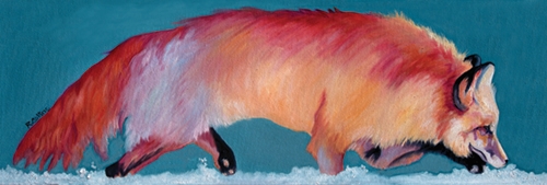 painting of a fox following the scent in snow by Rose Collins