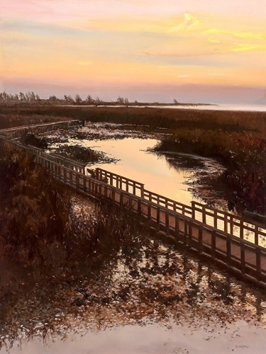 landscape painting of the view from a tower in the wetlands by Denise Antaya
