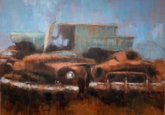 painting of rusted cars in Pennsylvania by Lara Ivanovic