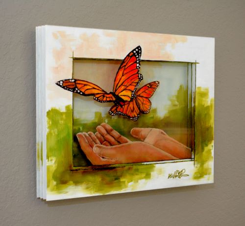 painted glass layered sculpture with hands and a monarch butterfly by Michael Frank Peterson