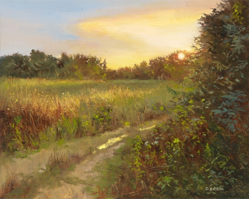 landscape painting of an unpaved road through a meadow by Denise Antaya