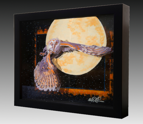 painted layered glass sculpture with an owl and the moon by Michael Frank Peterson