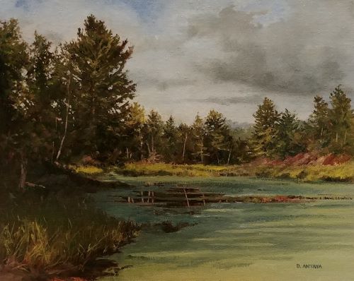 landscape painting of an algae covered pond by Denise Antaya