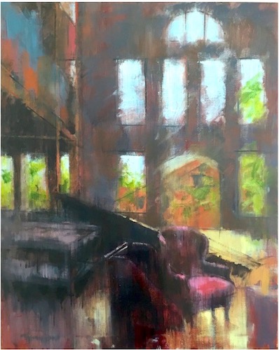 painting of the interior of a demolished building with a pink chair by Lara Ivanovic