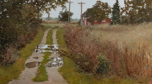landscape painting of puddles on a dirt road by Denise Antaya