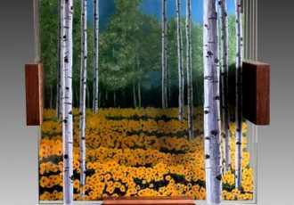 painted layered glass sculpture of a field of yellow flowers by Michael Frank Peterson