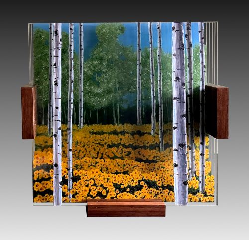 painted layered glass sculpture of a field of yellow flowers by Michael Frank Peterson