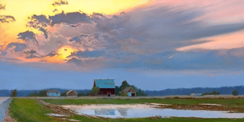 landscape painting of sunset over a farm by Denise Antaya