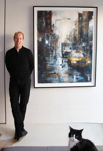 Watercolor painter Tim Saternow with his artwork