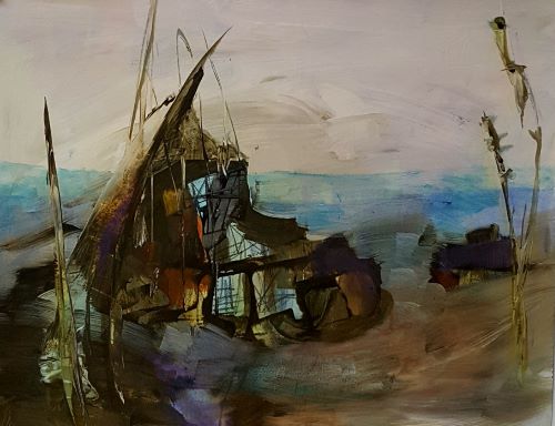 abstract coastal painting with a shipwreck by Kathryn Stotler