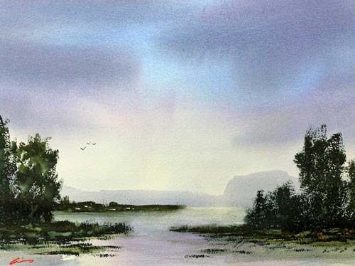 watercolor landscape of a waterway by Posey Gaines